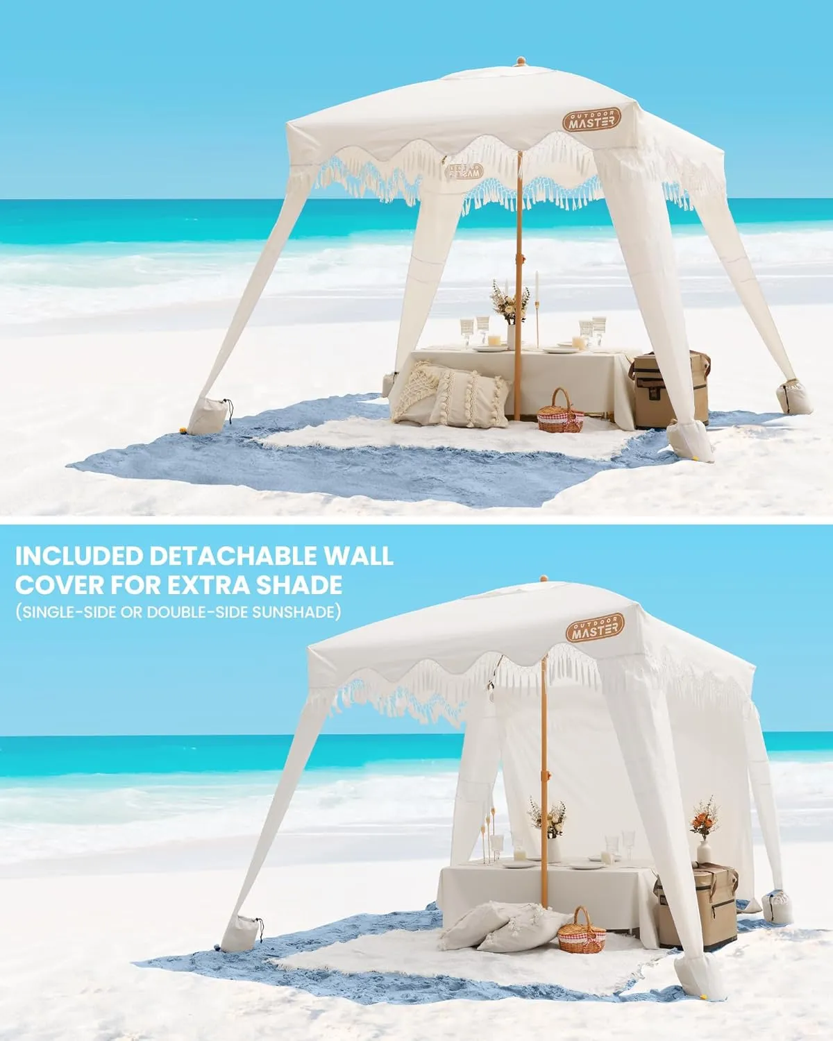 OutdoorMaster Portable Beach Cabana with Fringe, 6' x 6' Canopy, Easy Set Up Beach Shelter, Side Wall, UPF 50  UV Protection Sun Umbrella - For Kids, Family & Friends