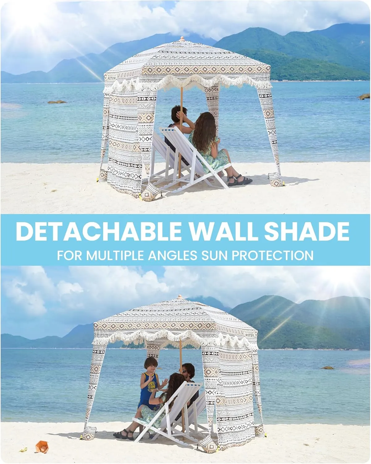 OutdoorMaster Portable Beach Cabana with Fringe, 6' x 6' Canopy, Easy Set Up Beach Shelter, Side Wall, UPF 50  UV Protection Sun Umbrella - For Kids, Family & Friends