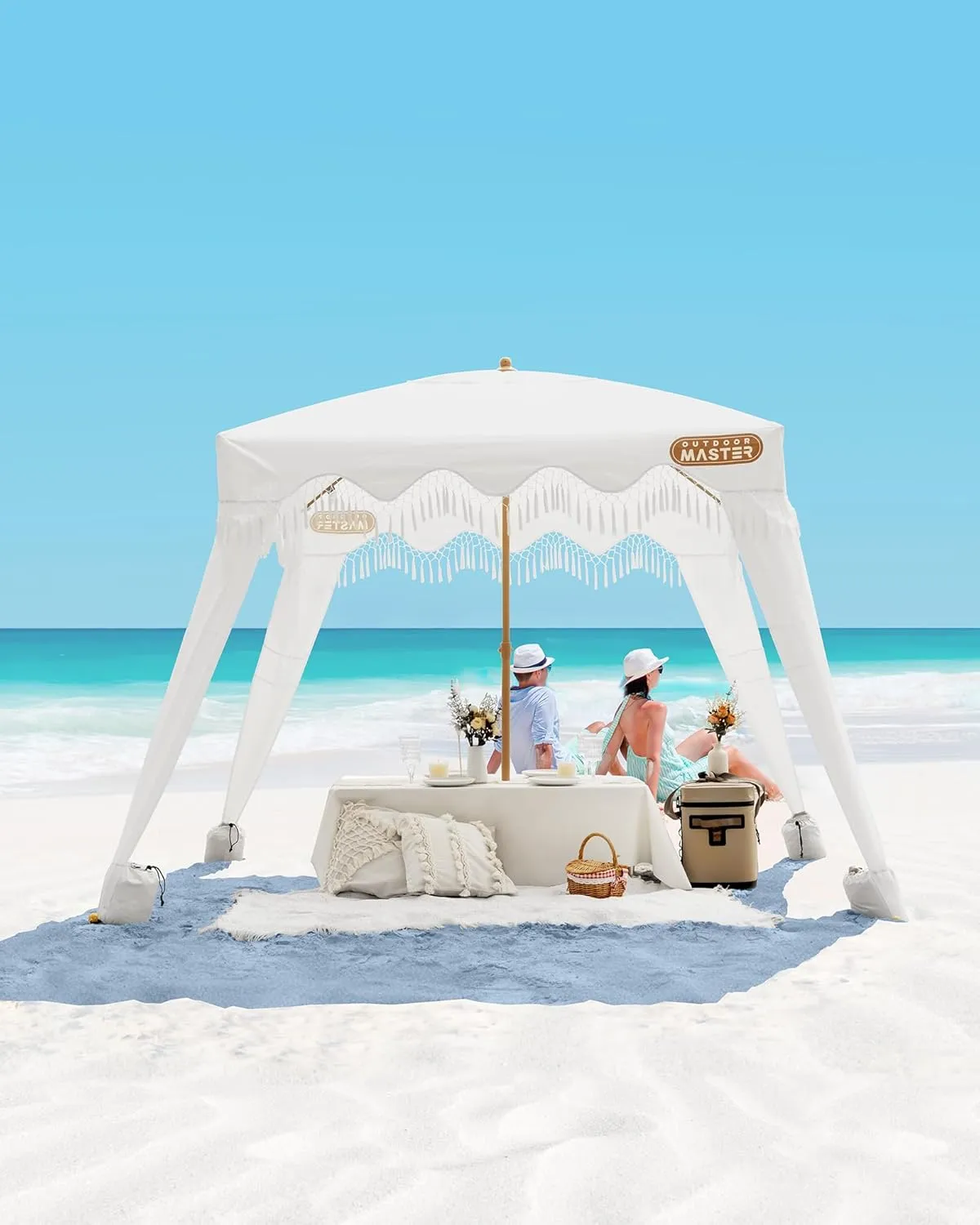 OutdoorMaster Portable Beach Cabana with Fringe, 6' x 6' Canopy, Easy Set Up Beach Shelter, Side Wall, UPF 50  UV Protection Sun Umbrella - For Kids, Family & Friends