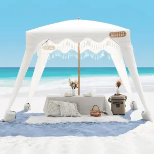OutdoorMaster Portable Beach Cabana with Fringe, 6' x 6' Canopy, Easy Set Up Beach Shelter, Side Wall, UPF 50  UV Protection Sun Umbrella - For Kids, Family & Friends