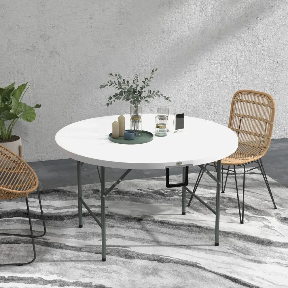 Outsunny ?122 Folding Garden Table, HDPE Round Picnic Table for 6, White