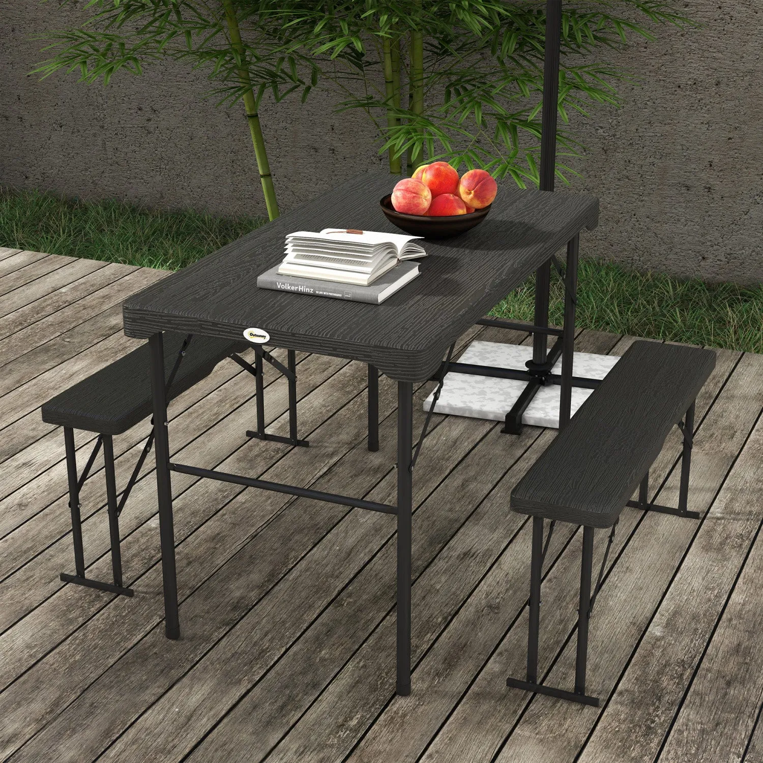 Outsunny Hdpe Picnic Table Set W/ Beer Table & 2 Benches For 4, Dark Grey