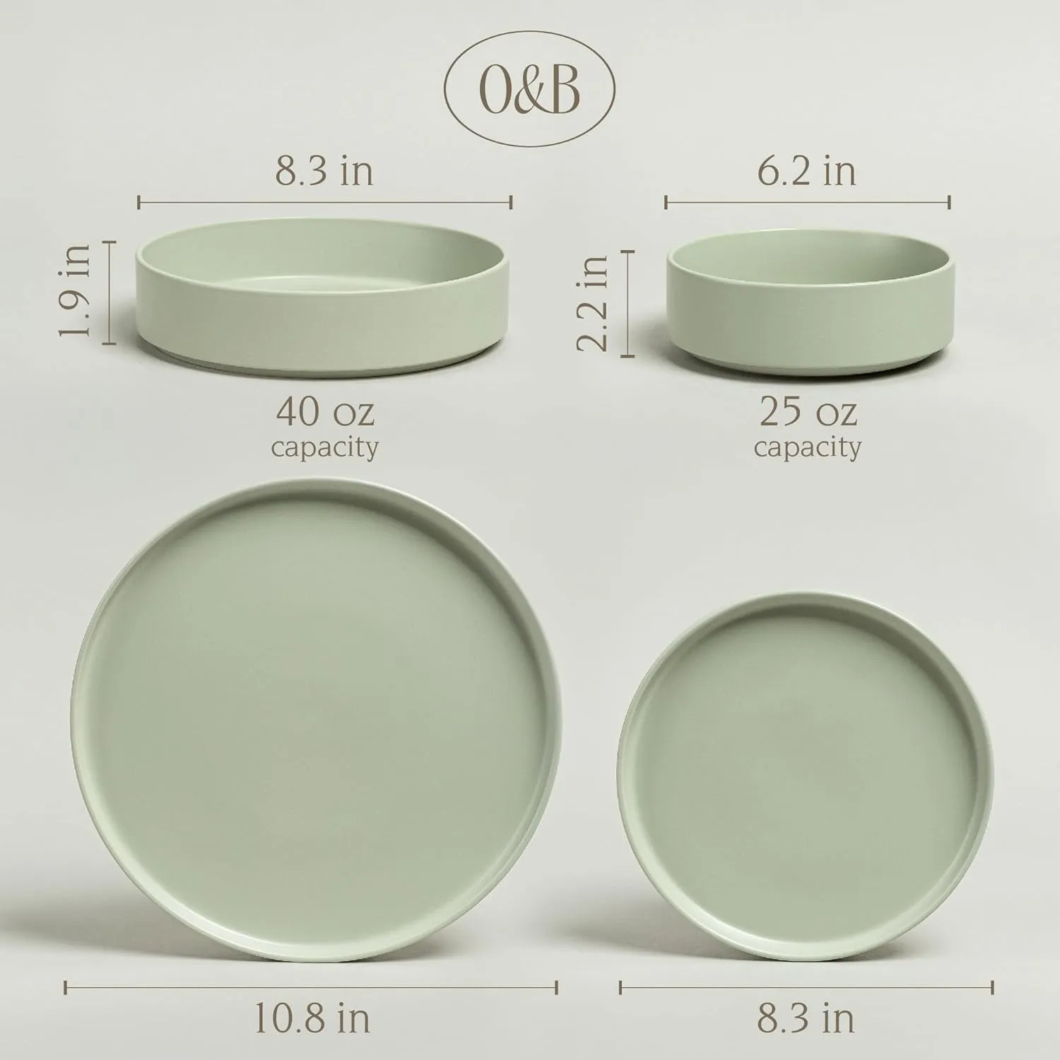 over&back 16-Piece Stackable Dinnerware Dish Set - Stoneware Dishes - Includes 4 Dinner Plates, 4 Salad Plates, 4 Cereal Bowls, and 4 Dinner Bowls - All-Occasion Place Settings - Semi-Matte Sage