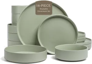 over&back 16-Piece Stackable Dinnerware Dish Set - Stoneware Dishes - Includes 4 Dinner Plates, 4 Salad Plates, 4 Cereal Bowls, and 4 Dinner Bowls - All-Occasion Place Settings - Semi-Matte Sage