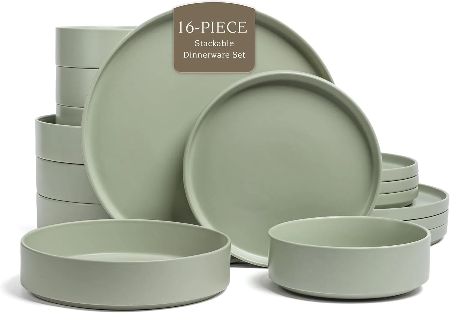 over&back 16-Piece Stackable Dinnerware Dish Set - Stoneware Dishes - Includes 4 Dinner Plates, 4 Salad Plates, 4 Cereal Bowls, and 4 Dinner Bowls - All-Occasion Place Settings - Semi-Matte Sage