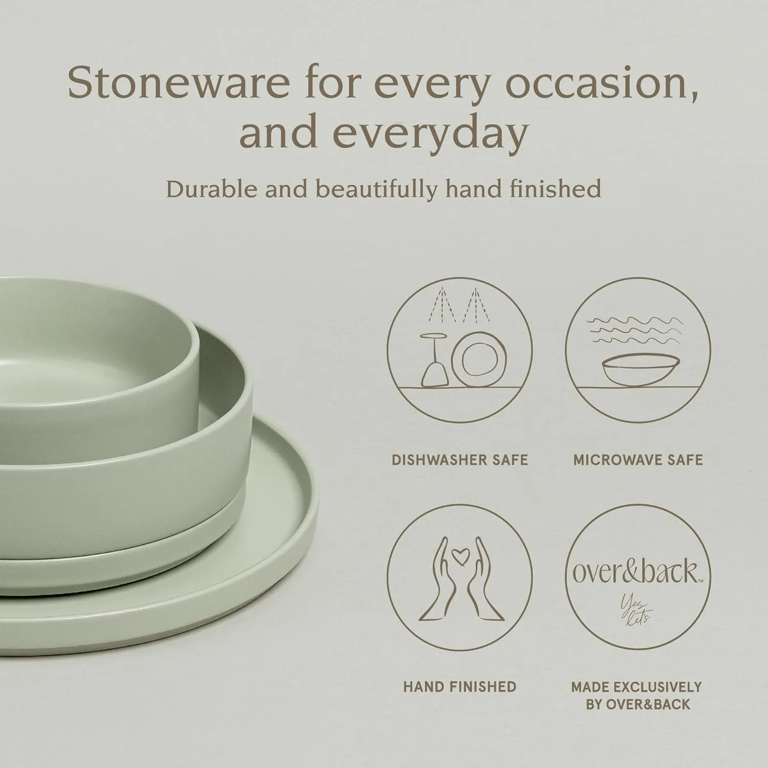 over&back 16-Piece Stackable Dinnerware Dish Set - Stoneware Dishes - Includes 4 Dinner Plates, 4 Salad Plates, 4 Cereal Bowls, and 4 Dinner Bowls - All-Occasion Place Settings - Semi-Matte Sage