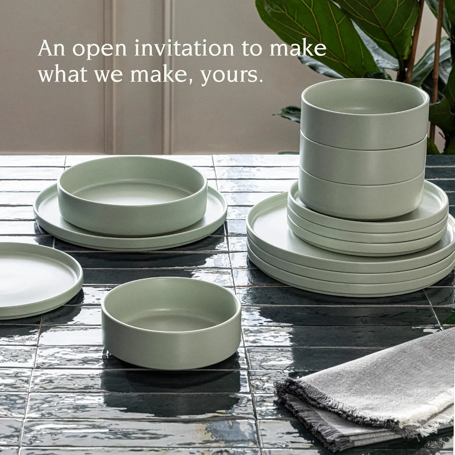 over&back 16-Piece Stackable Dinnerware Dish Set - Stoneware Dishes - Includes 4 Dinner Plates, 4 Salad Plates, 4 Cereal Bowls, and 4 Dinner Bowls - All-Occasion Place Settings - Semi-Matte Sage