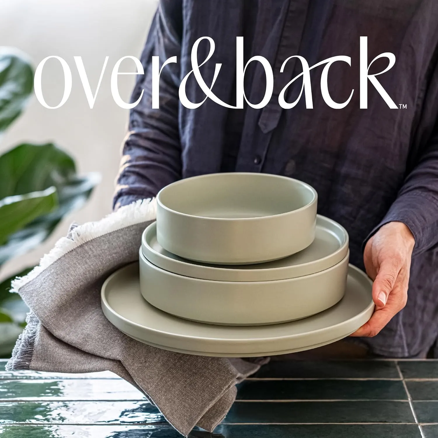 over&back 16-Piece Stackable Dinnerware Dish Set - Stoneware Dishes - Includes 4 Dinner Plates, 4 Salad Plates, 4 Cereal Bowls, and 4 Dinner Bowls - All-Occasion Place Settings - Semi-Matte Sage