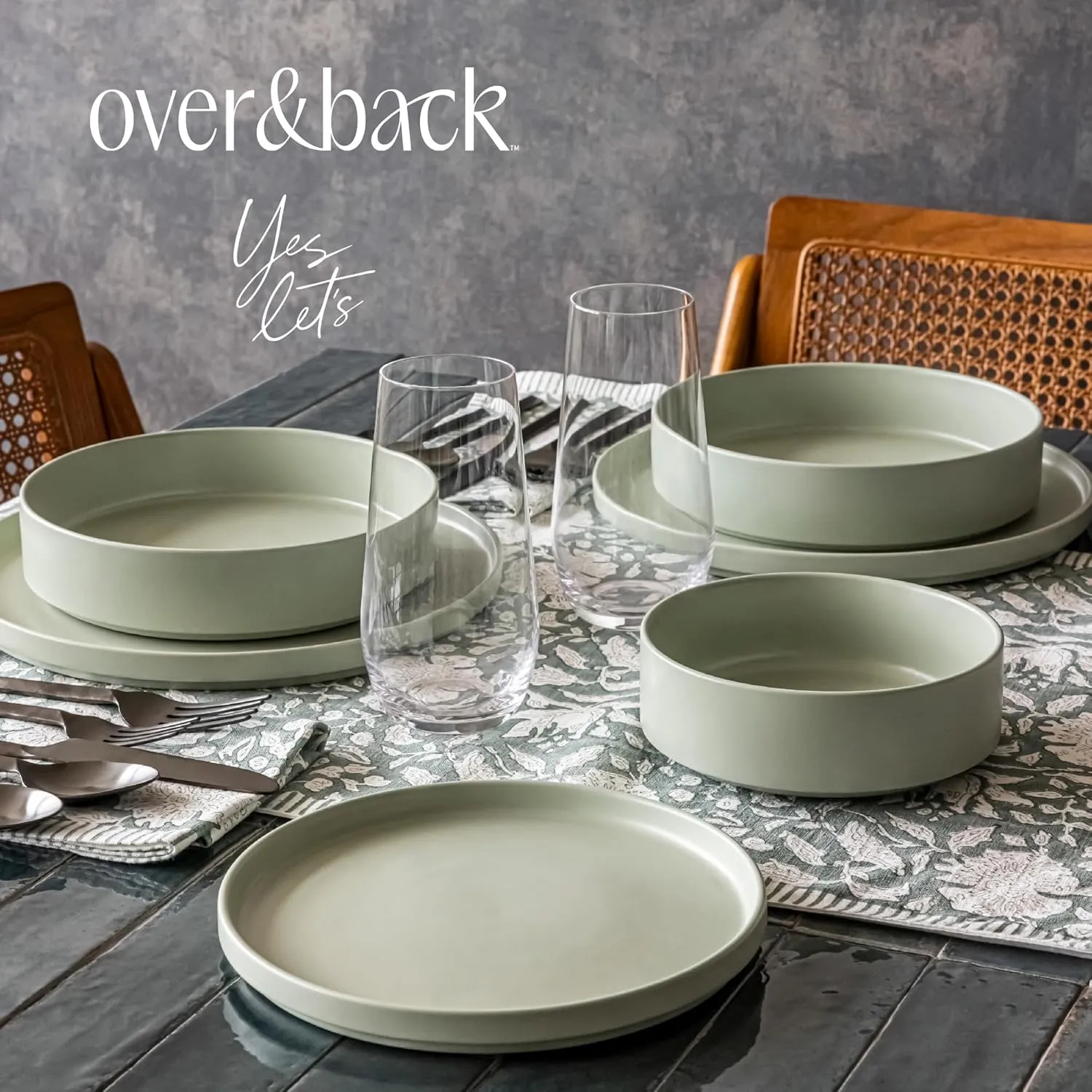 over&back 16-Piece Stackable Dinnerware Dish Set - Stoneware Dishes - Includes 4 Dinner Plates, 4 Salad Plates, 4 Cereal Bowls, and 4 Dinner Bowls - All-Occasion Place Settings - Semi-Matte Sage