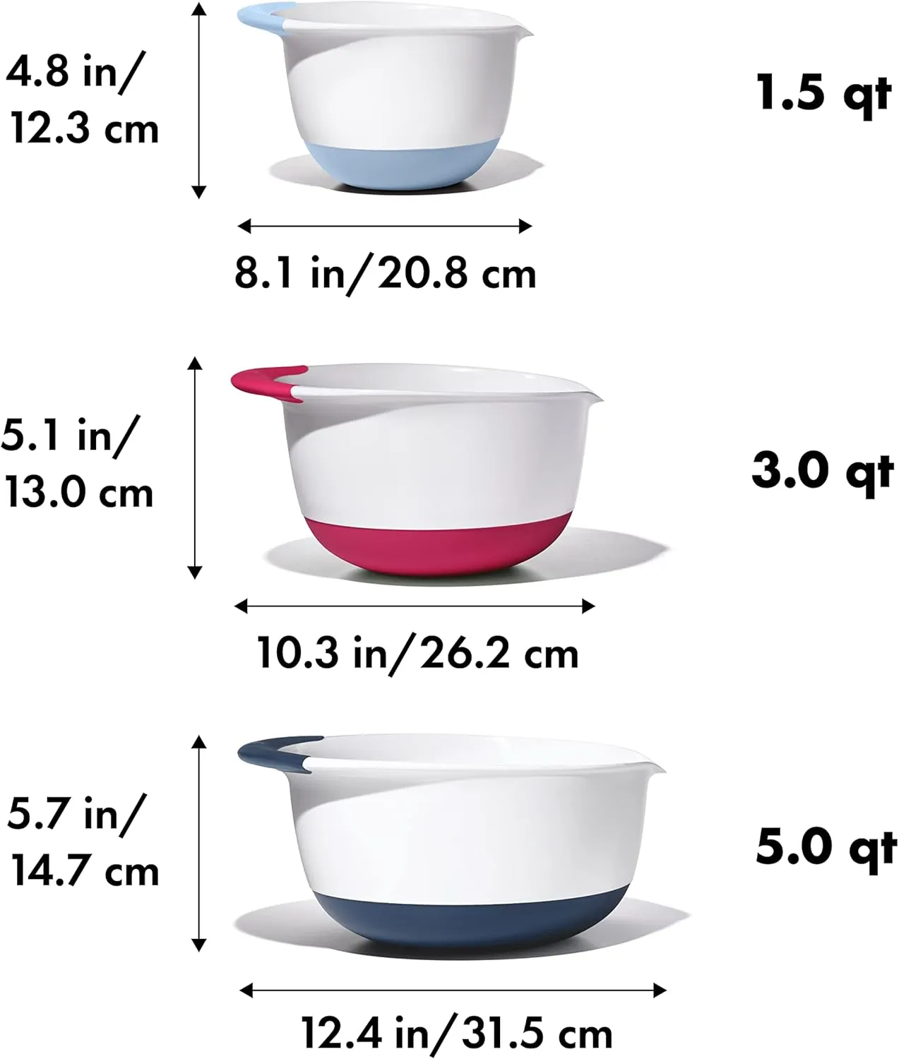 OXO,plastic Good Grips 3-Piece Mixing Bowl Set – Blueberry, Jam & Seltzer Handles​,4.7 LITERS, Large