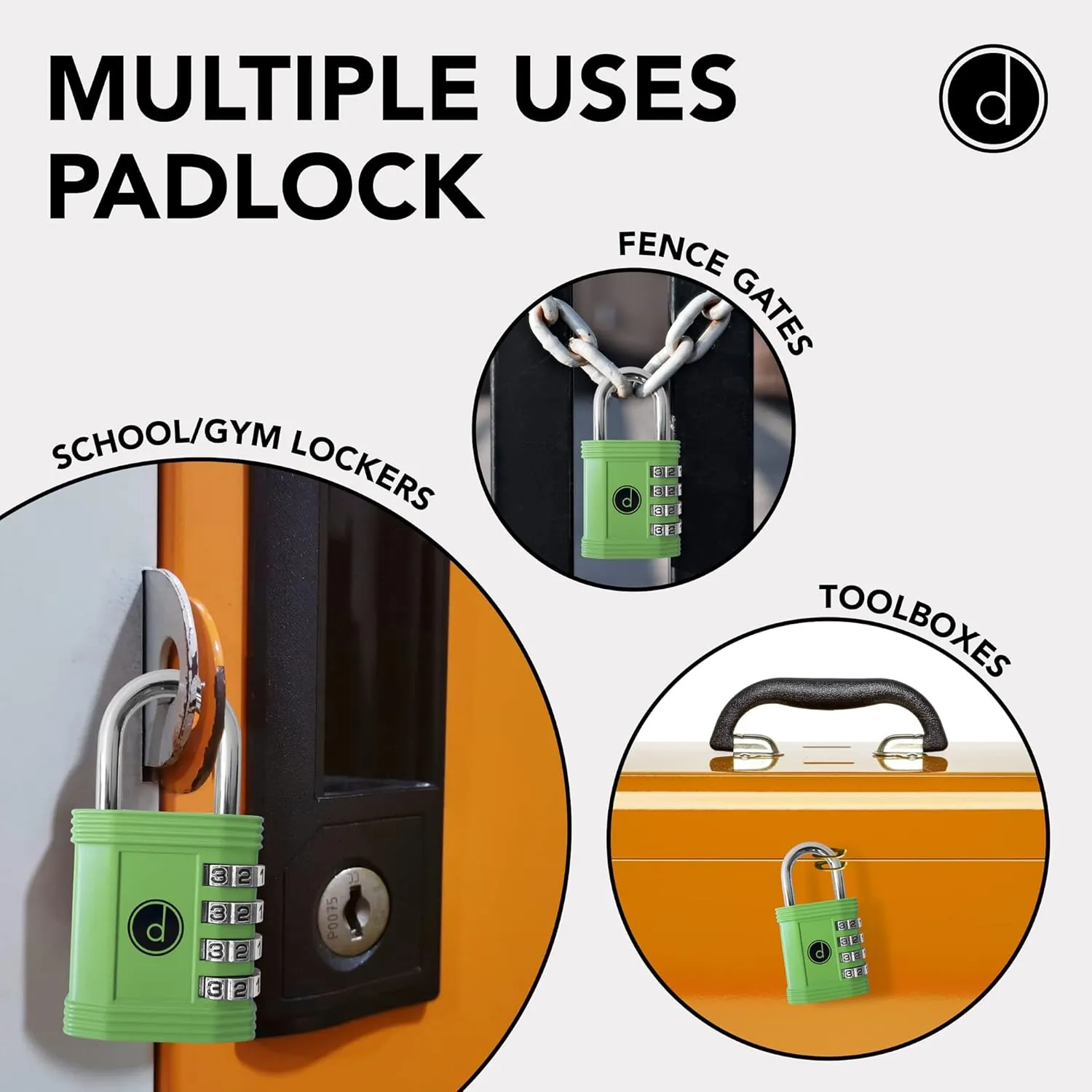 Padlock 4 Digit Combination Lock - for Gym School Locker, Outdoor Gate, Shed, Fence, and Storage - Weatherproof Metal - Keyless, Easy to Set, Resettable - Green