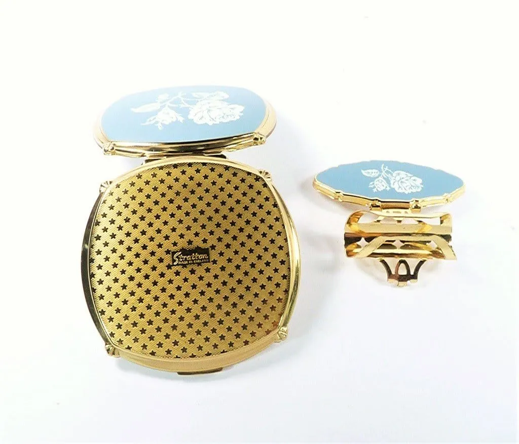 Pale Bluey Grey Enamel Stratton Makeup Compact And Lipstick Holder Set 1960s
