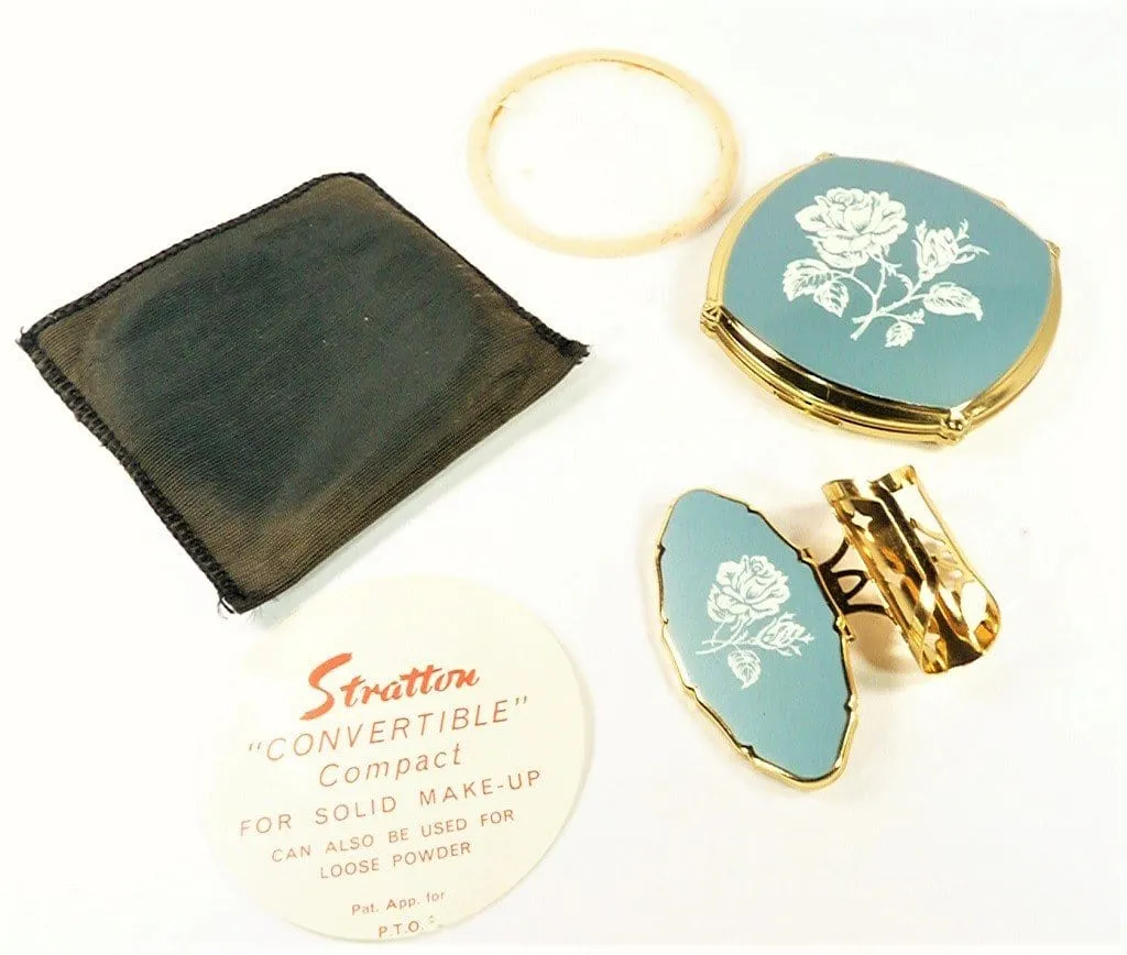 Pale Bluey Grey Enamel Stratton Makeup Compact And Lipstick Holder Set 1960s