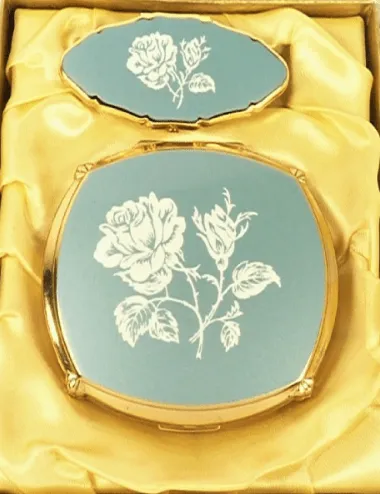 Pale Bluey Grey Enamel Stratton Makeup Compact And Lipstick Holder Set 1960s
