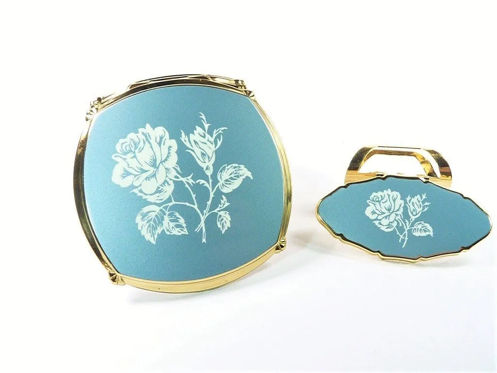Pale Bluey Grey Enamel Stratton Makeup Compact And Lipstick Holder Set 1960s