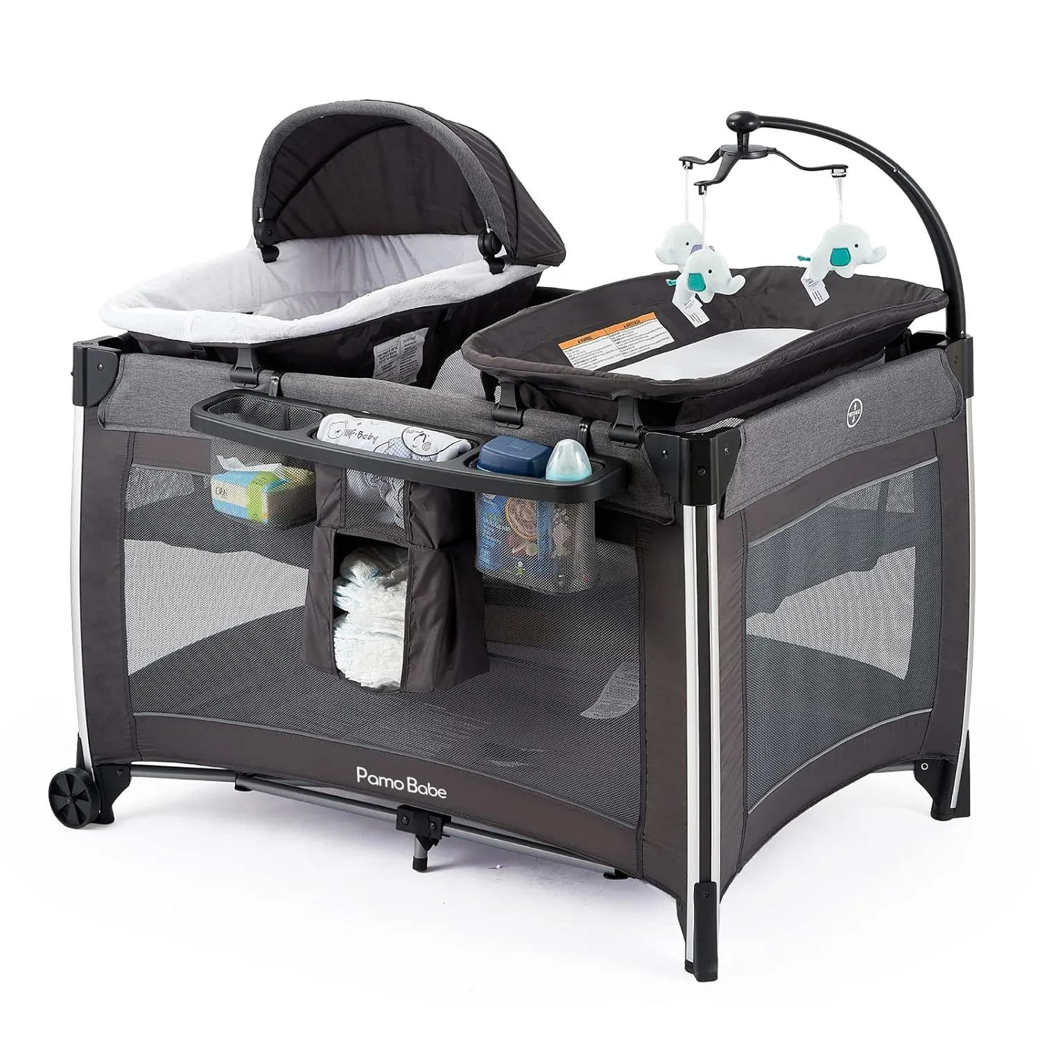 Pamo Babe 4 in 1 Portable Baby Crib Deluxe Nursery Center, Foldable Travel Playard with Bassinet, Mattress, Changing Table for Newborn, Infant, Toddler(Grey)
