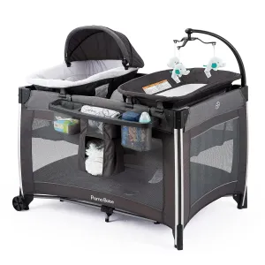 Pamo Babe 4 in 1 Portable Baby Crib Deluxe Nursery Center, Foldable Travel Playard with Bassinet, Mattress, Changing Table for Newborn, Infant, Toddler(Grey)