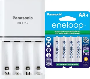 Panasonic BQ-CC55SBA Advanced eneloop Individual Rechargeable Battery 3 Hour Quick Charger & Panasonic BK-3MCCA4BA eneloop AA 2100 Cycle Ni-MH Pre-Charged Rechargeable Batteries, 4-Battery Pack