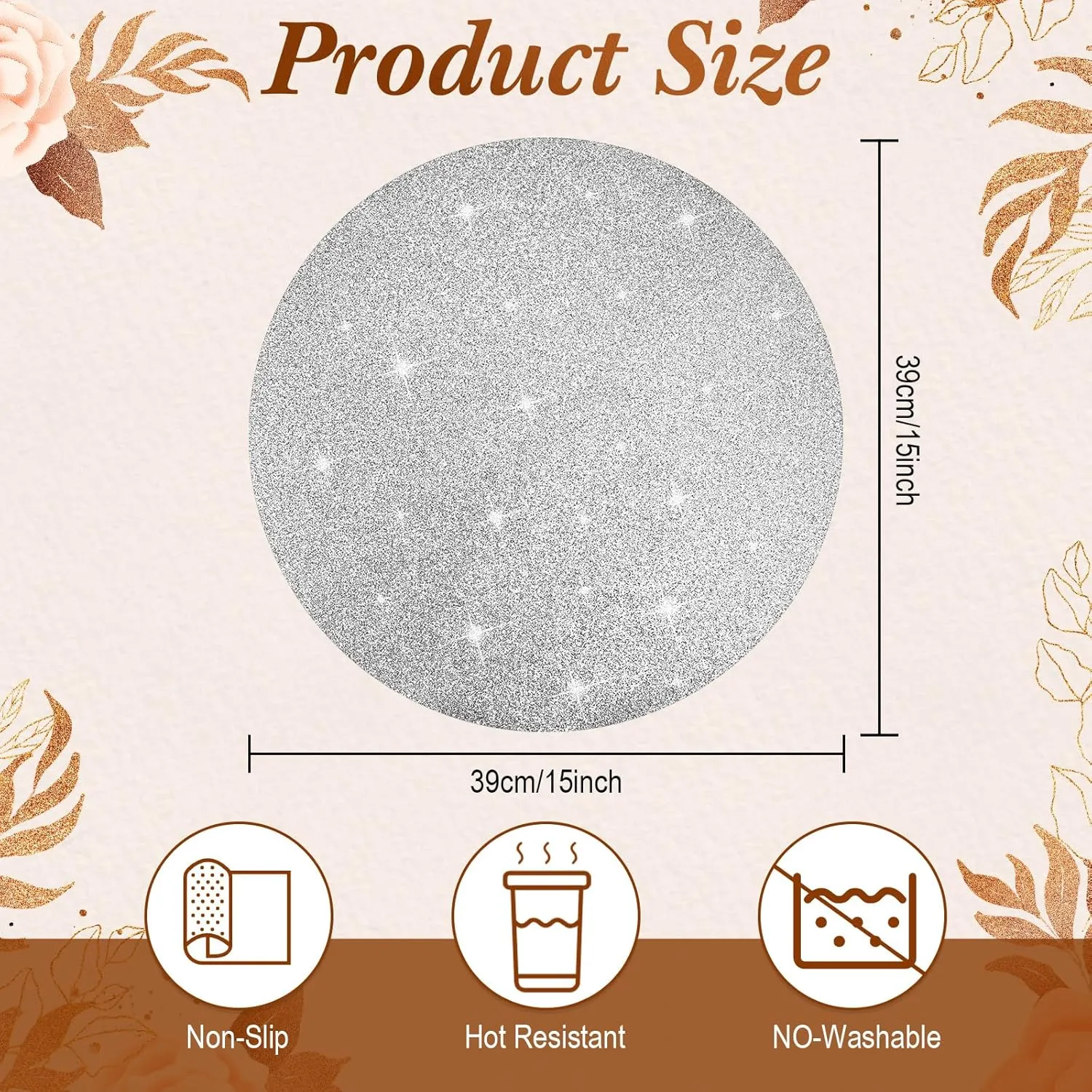 Pasimy 100 Pcs Silver Glitter Paper Place Mats 15 Inch Sparkle Round Disposable Table Mats Silver Sequin Doilies Decorative Placemats for Wedding Banquet Party Home Dining Tableware