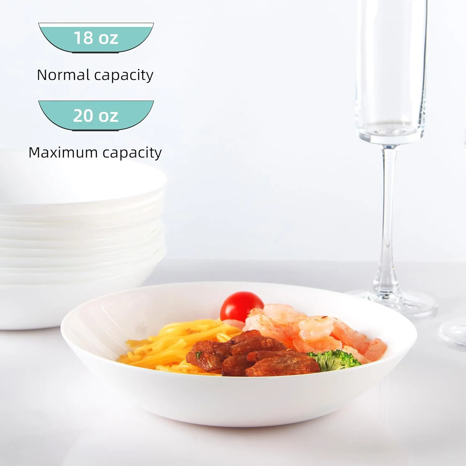 Pasta Bowls Set of 12, Tempered Glass Salad Bowls, 7-4/5-Inch Round Serving Bowls, Microwave & Dishwasher Safe Glass Bowls Set