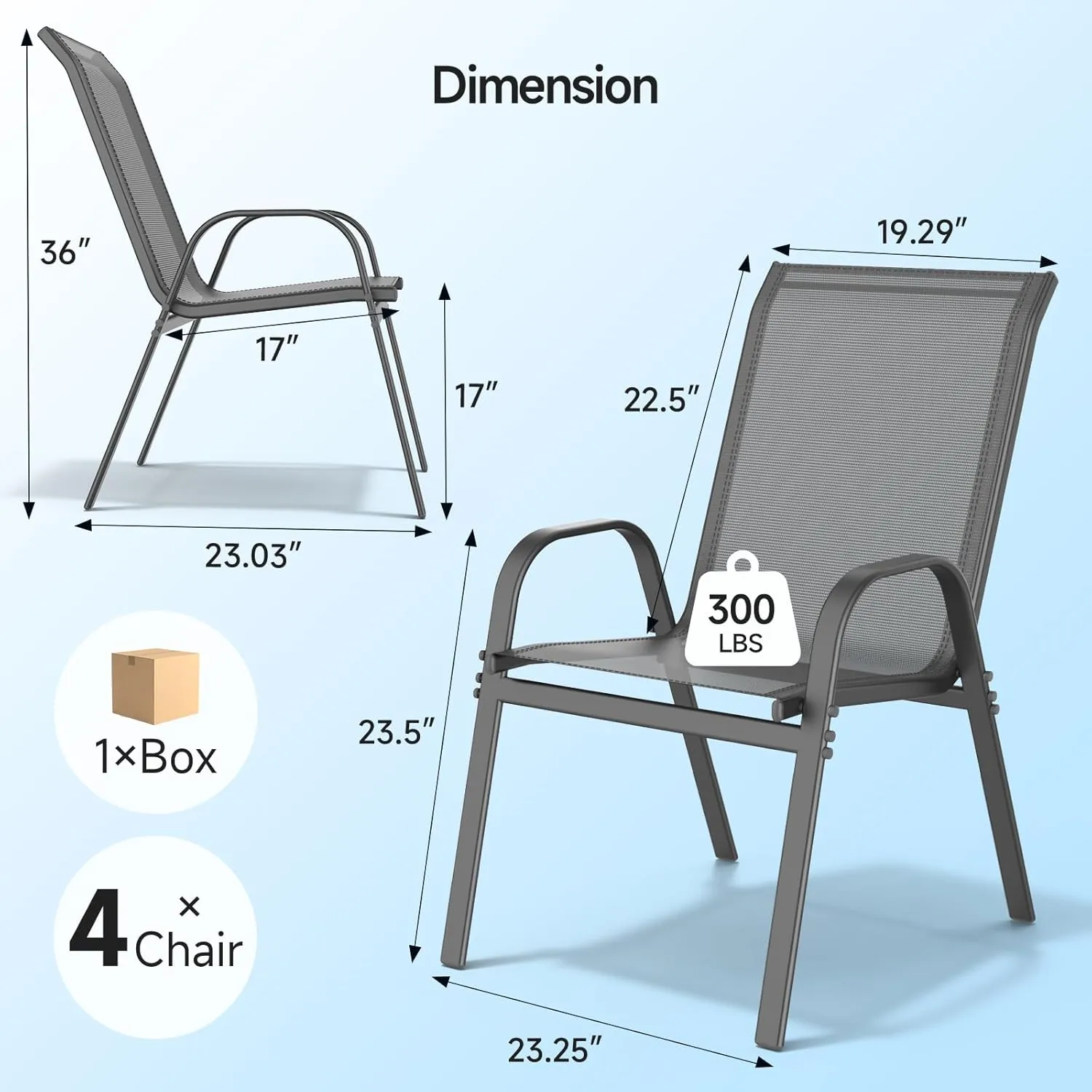 Patio Chairs set of 4, Easy Assembly Stackable Outdoor Dining Chairs with Wide Seat and Sturdy Metal Frame, Breathable All Weather Textilene Outdoor Chairs Set of 4 for Deck, Pool, Porch, Grey