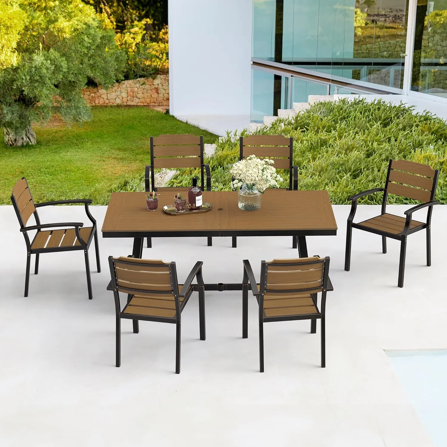 Patio Table and Chairs Set, Patio Furniture Set, 7-Piece, HDPS All-Weather Material Outdoor Dining Set, Outdoor Furniture Set with Umbrella Hole, Brown-Oil Printed