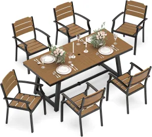 Patio Table and Chairs Set, Patio Furniture Set, 7-Piece, HDPS All-Weather Material Outdoor Dining Set, Outdoor Furniture Set with Umbrella Hole, Brown-Oil Printed
