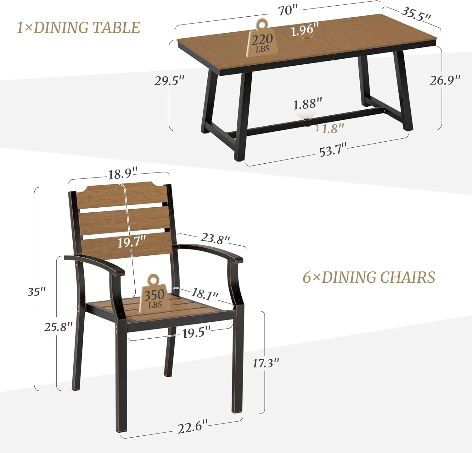 Patio Table and Chairs Set, Patio Furniture Set, 7-Piece, HDPS All-Weather Material Outdoor Dining Set, Outdoor Furniture Set with Umbrella Hole, Brown-Oil Printed