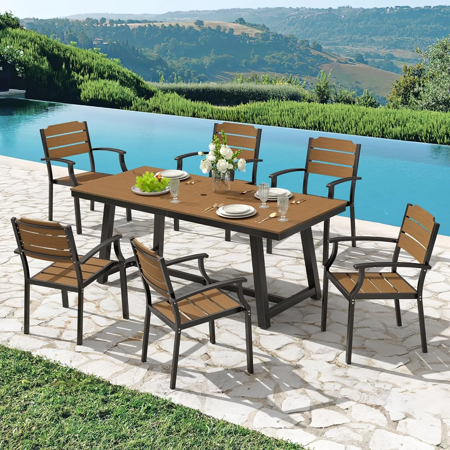 Patio Table and Chairs Set, Patio Furniture Set, 7-Piece, HDPS All-Weather Material Outdoor Dining Set, Outdoor Furniture Set with Umbrella Hole, Brown-Oil Printed