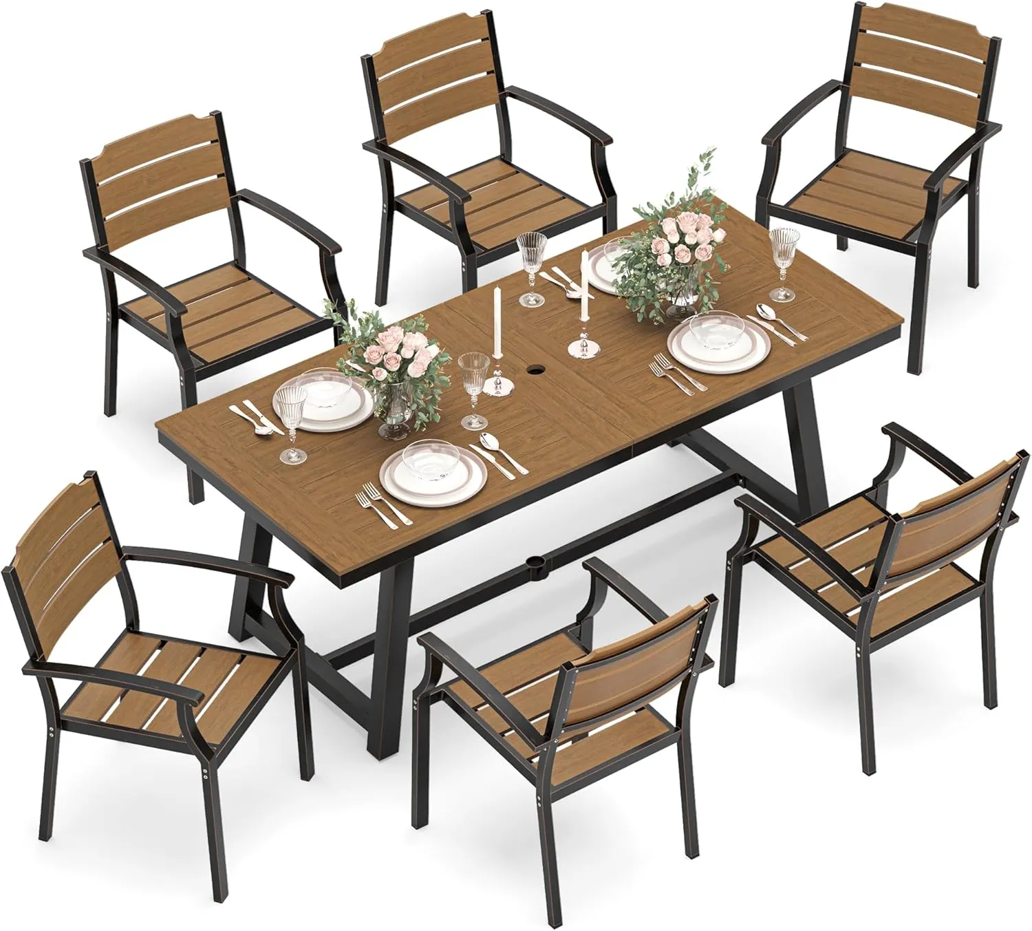 Patio Table and Chairs Set, Patio Furniture Set, 7-Piece, HDPS All-Weather Material Outdoor Dining Set, Outdoor Furniture Set with Umbrella Hole, Brown-Oil Printed