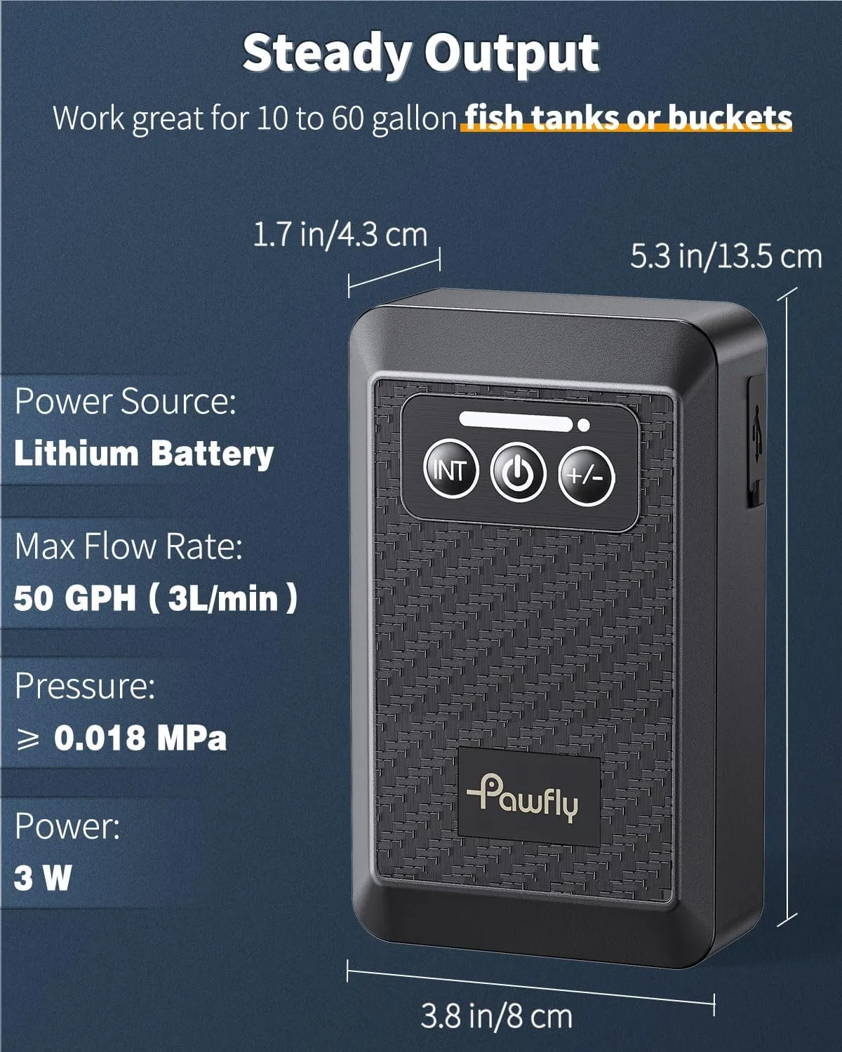 Pawfly Aquarium Lithium Battery Powered Air Pump USB Rechargeable Oxygen Pump for 5-100 Gallon Fish Tanks Portable Live Bait Aerator Pump for Outdoor Fishing and Fish Transportation