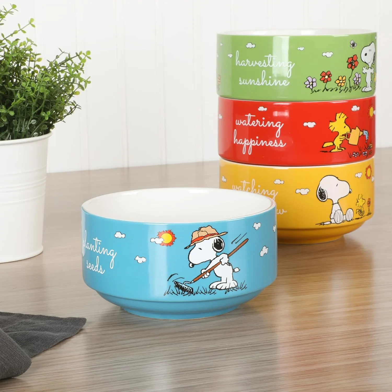 Peanuts Snoopy 4 Pack Stackable 5.5" Decorated Stoneware Bowl Set