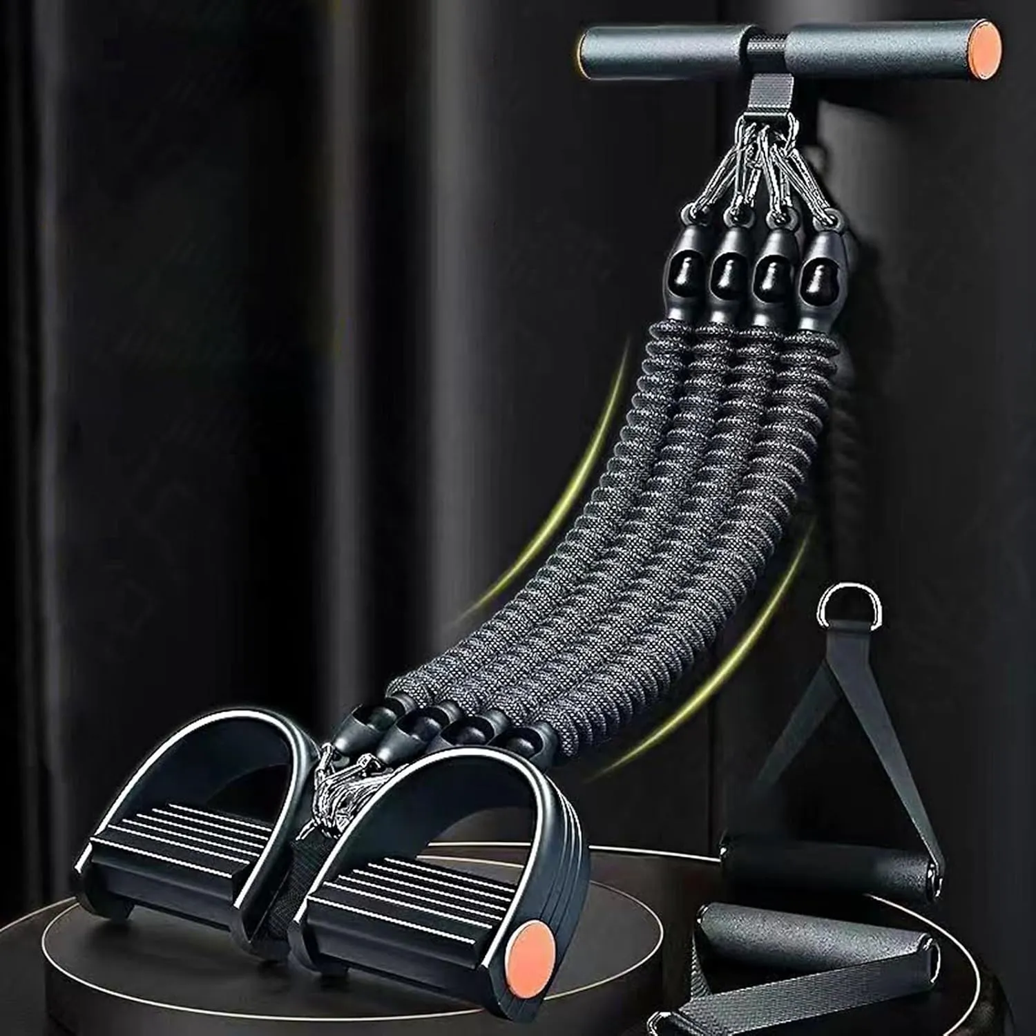 Pedal Resistance Band with Handles – 4 Tube Stirrup Puller Exerciser, Multifunction Tension Rope Sit Up Equipment for Full Body Fitness & Leg Training at Home