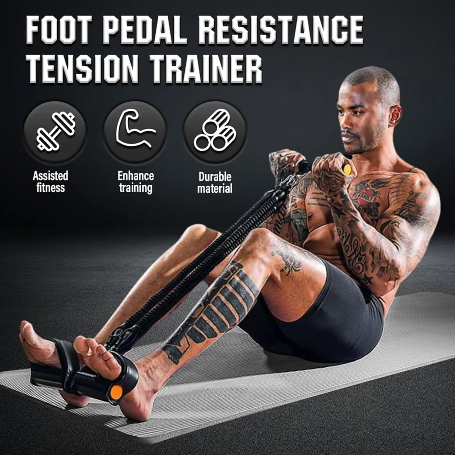 Pedal Resistance Band with Handles – 4 Tube Stirrup Puller Exerciser, Multifunction Tension Rope Sit Up Equipment for Full Body Fitness & Leg Training at Home