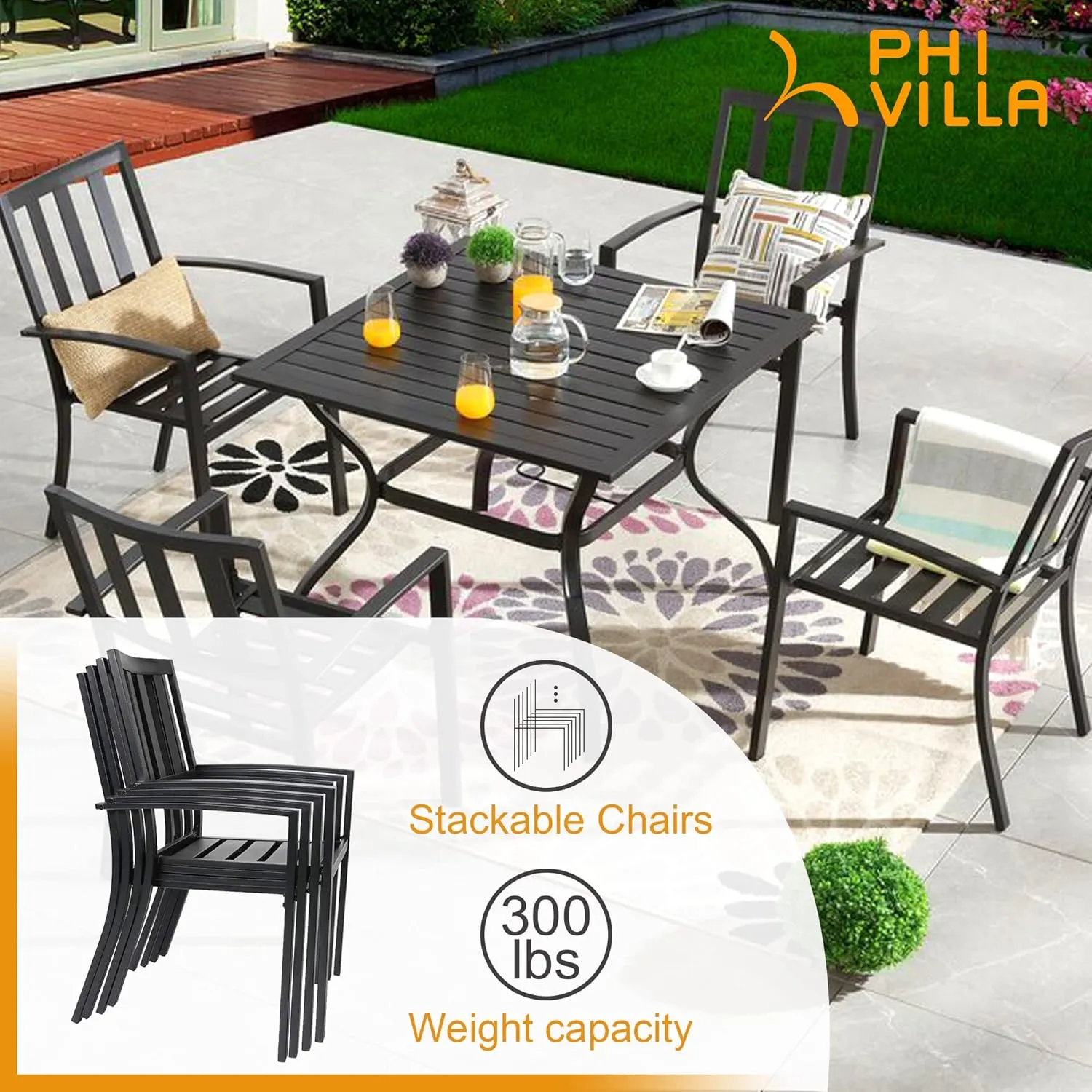 PHI VILLA 6 Pieces Patio Metal Dining Chairs, Outdoor Wroght Iron Seating Dining Chairs, Stackable Bistro Chair for Garden, Backyard, Lawn, Supports 300 lbs