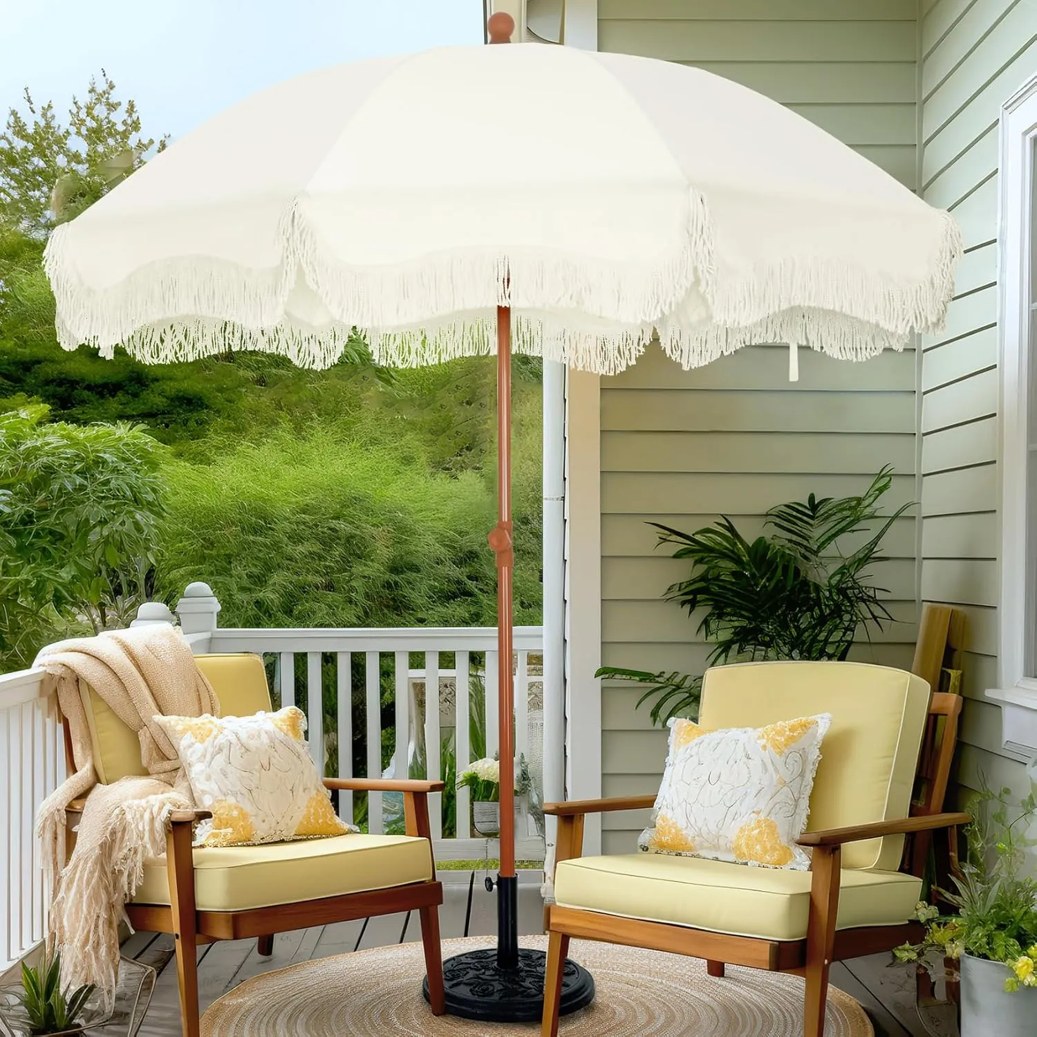 PHI VILLA 7ft Beach Umbrella with Fringe & Sand Anchor, Outdoor Patio Heavy Duty Windproof Portable Tassel Umbrellas for Sand with Push Button Tilt & Carrying Bag, UPF 50 , White(No Base)