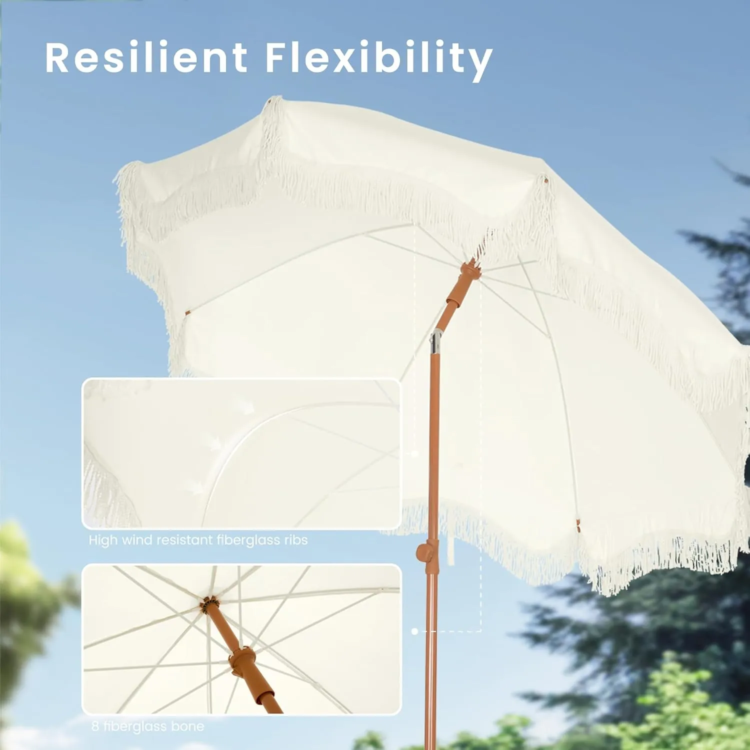 PHI VILLA 7ft Beach Umbrella with Fringe & Sand Anchor, Outdoor Patio Heavy Duty Windproof Portable Tassel Umbrellas for Sand with Push Button Tilt & Carrying Bag, UPF 50 , White(No Base)