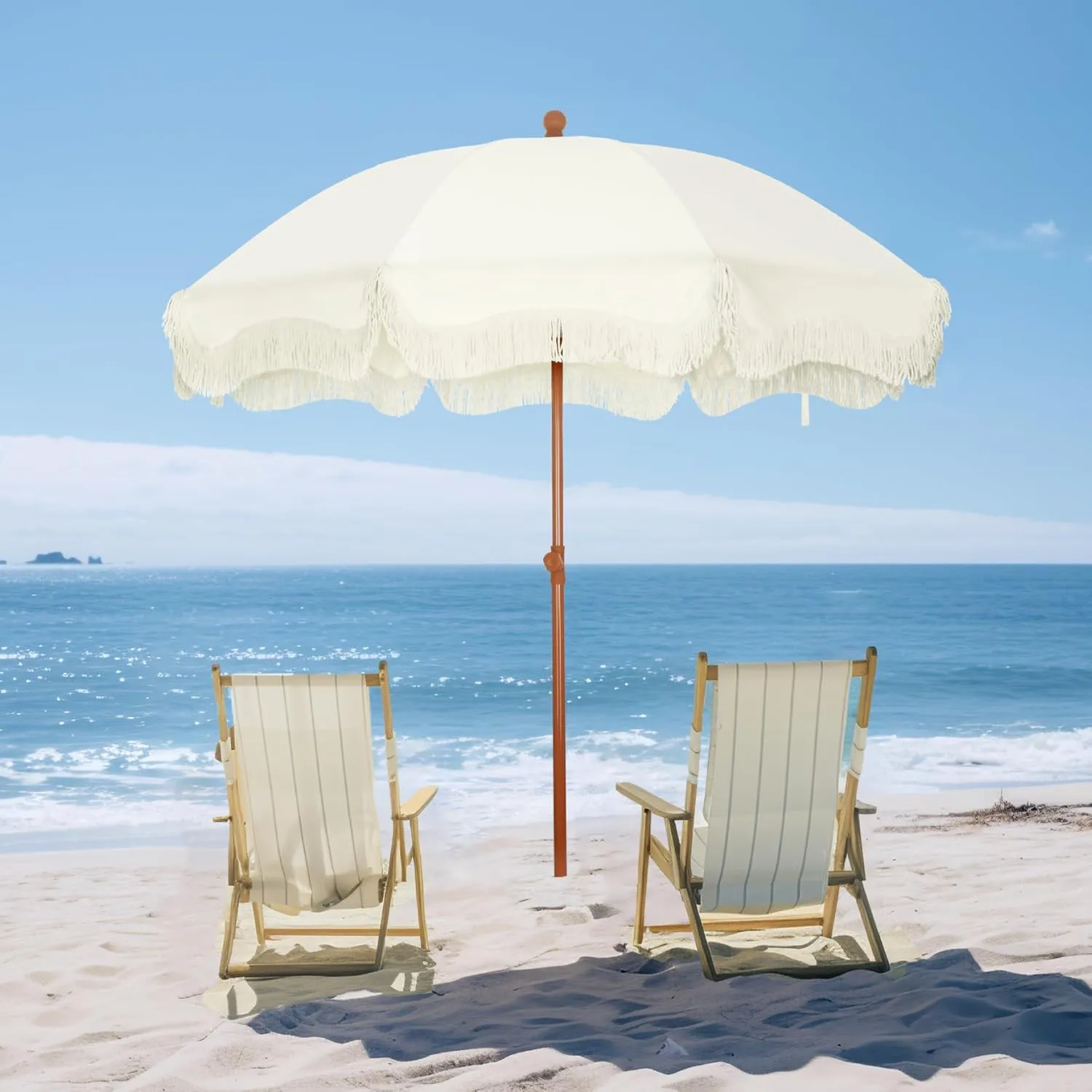 PHI VILLA 7ft Beach Umbrella with Fringe & Sand Anchor, Outdoor Patio Heavy Duty Windproof Portable Tassel Umbrellas for Sand with Push Button Tilt & Carrying Bag, UPF 50 , White(No Base)