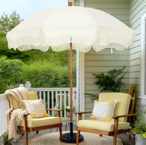 PHI VILLA 7ft Beach Umbrella with Fringe & Sand Anchor, Outdoor Patio Heavy Duty Windproof Portable Tassel Umbrellas for Sand with Push Button Tilt & Carrying Bag, UPF 50 , White(No Base)