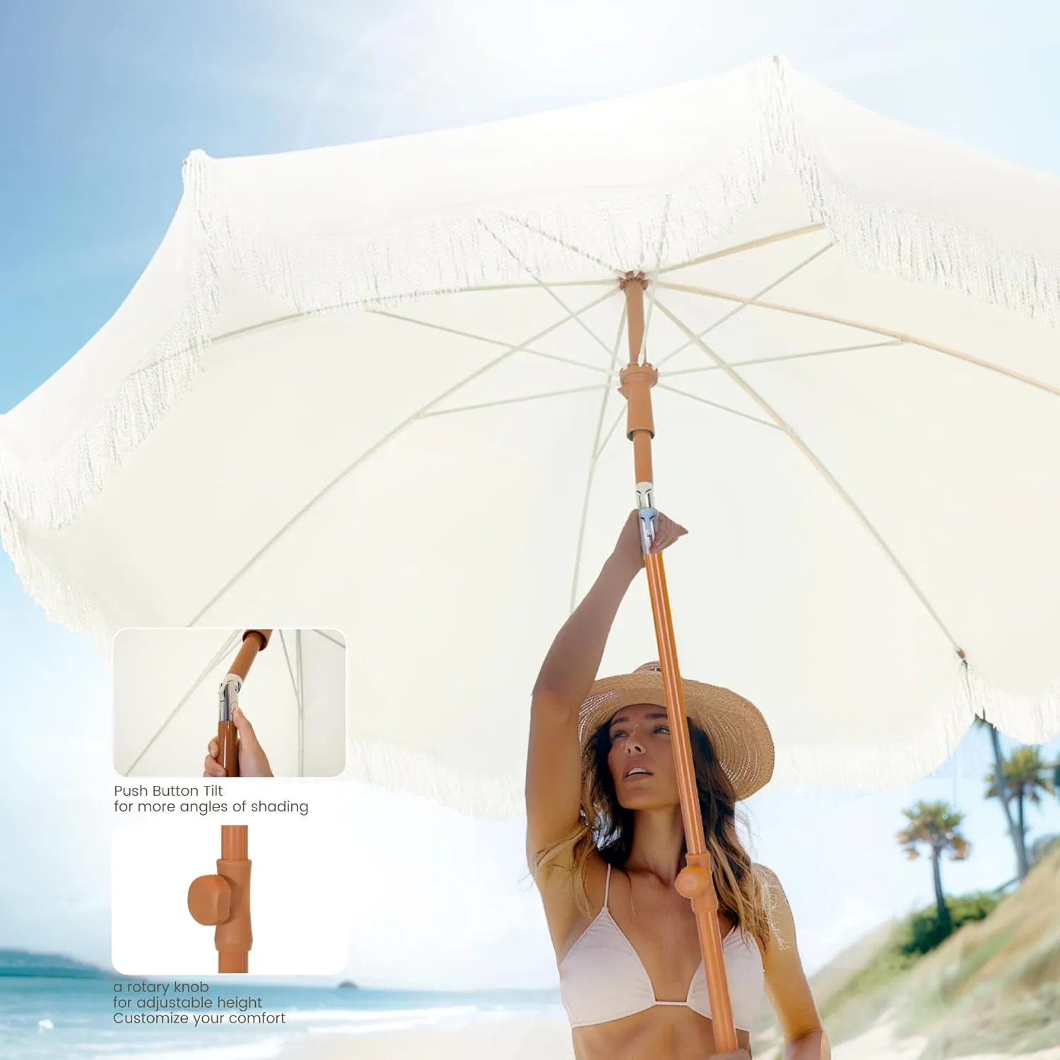 PHI VILLA 7ft Beach Umbrella with Fringe & Sand Anchor, Outdoor Patio Heavy Duty Windproof Portable Tassel Umbrellas for Sand with Push Button Tilt & Carrying Bag, UPF 50 , White(No Base)