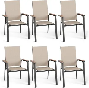 PHI VILLA Outdoor Stackable Dining Chairs Set of 6（Beige,Lightweight Aluminum Frame with Textilene Fabric & Wider Armrest,Easy to Store,Outdoor Chairs for Garden,Lawn