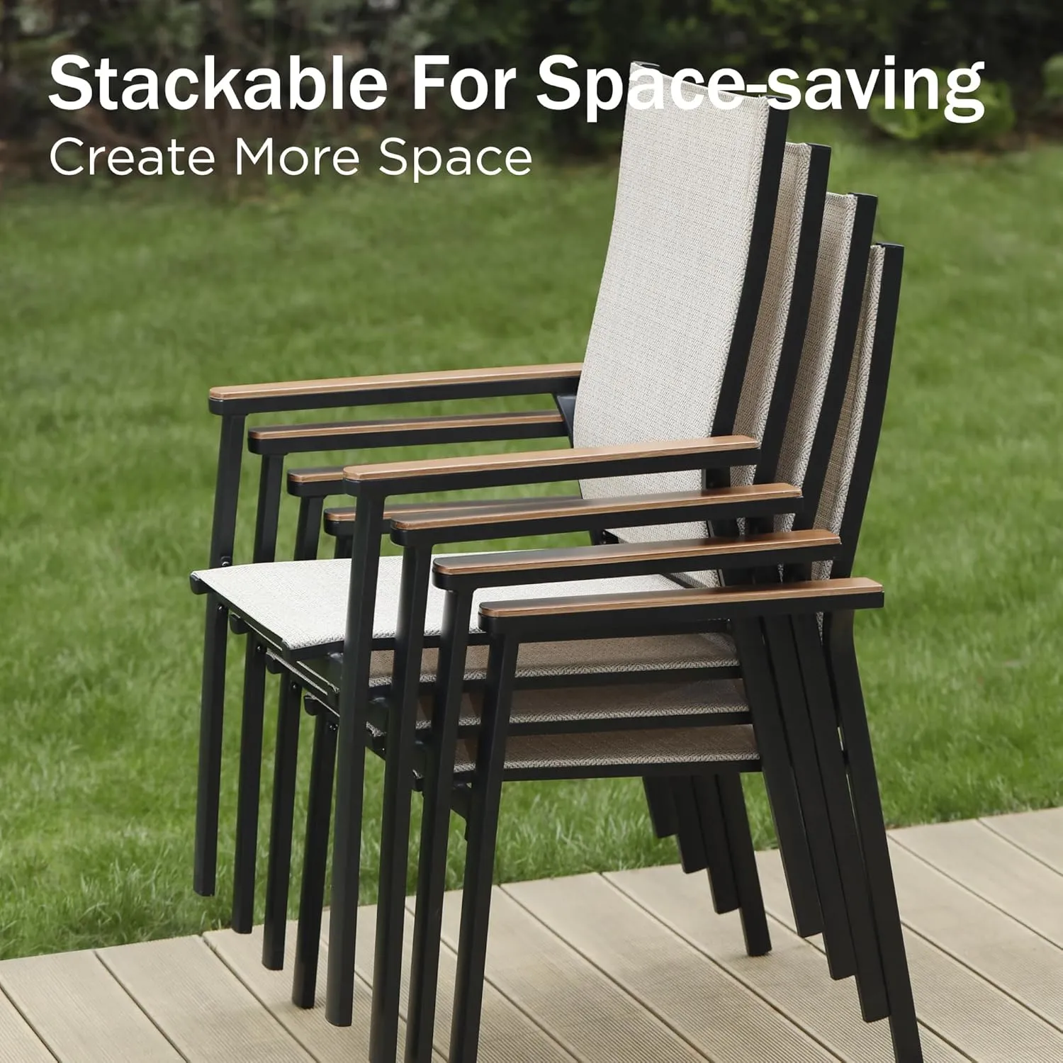 PHI VILLA Outdoor Stackable Dining Chairs Set of 6（Beige,Lightweight Aluminum Frame with Textilene Fabric & Wider Armrest,Easy to Store,Outdoor Chairs for Garden,Lawn
