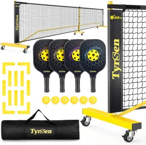 Pickleball Net Set, Pickleball Net on Wheels for Driveway Backyard, 22FT Regular Size, 4 Pickleball Paddles & 6 Balls, 12 Court Markers, 1 Carry Bag, Pickleball Set for Indoor Outdoor Play
