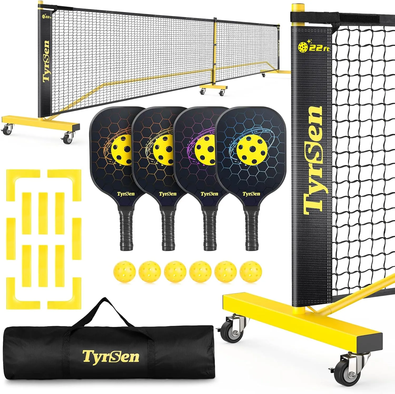 Pickleball Net Set, Pickleball Net on Wheels for Driveway Backyard, 22FT Regular Size, 4 Pickleball Paddles & 6 Balls, 12 Court Markers, 1 Carry Bag, Pickleball Set for Indoor Outdoor Play