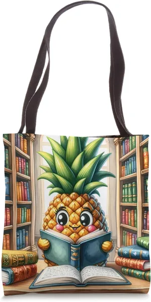 Pineapple Reads In A Library. Books Table Bookshelves Tote Bag