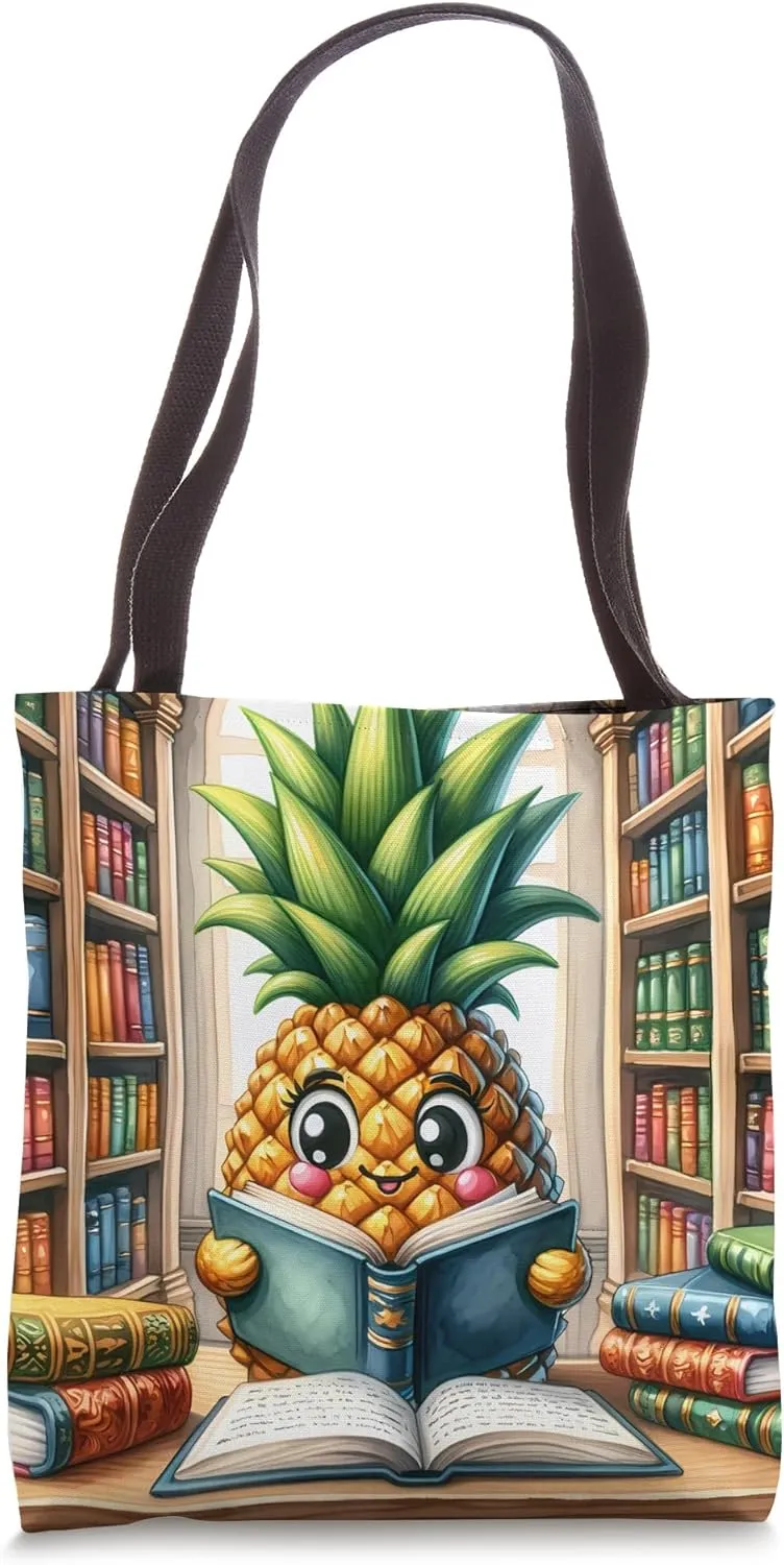 Pineapple Reads In A Library. Books Table Bookshelves Tote Bag