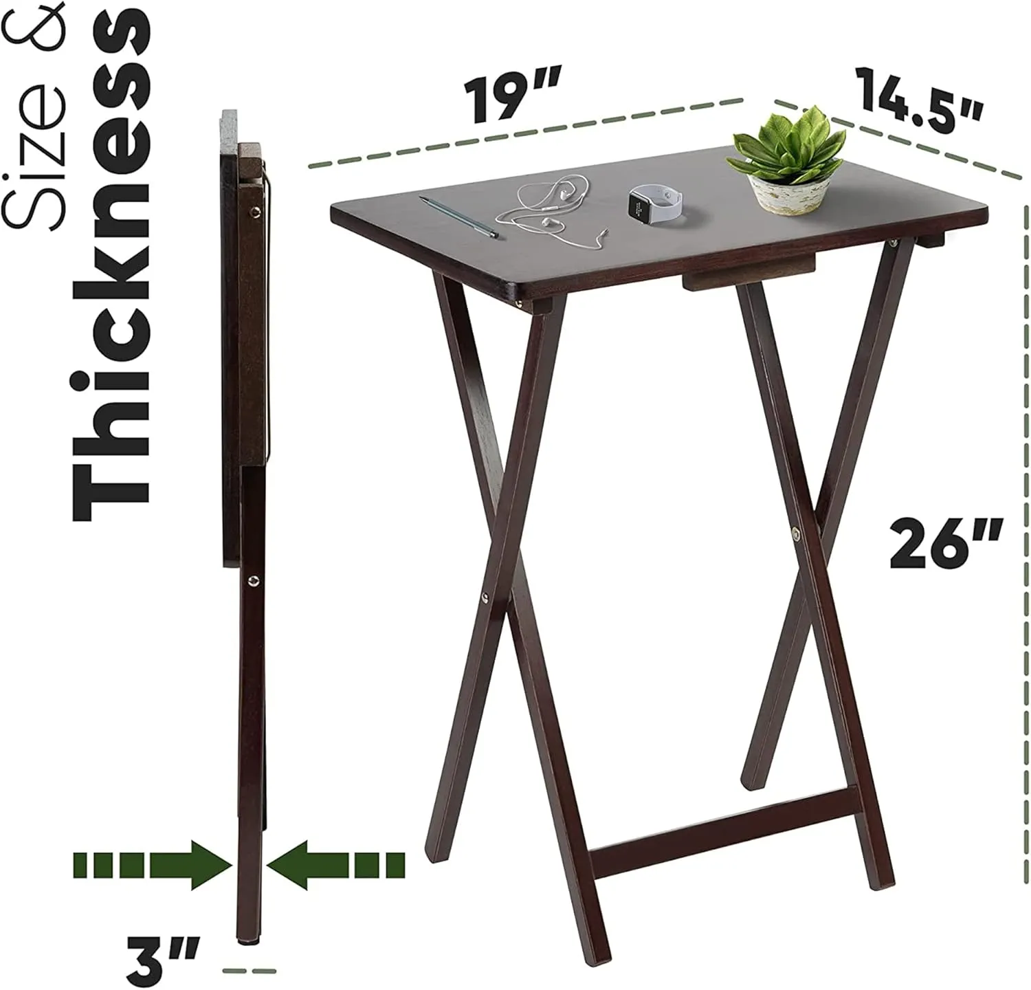 PJ Wood 5-Piece TV Tray Folding Wooden Dinner Table Set with Compact Storage Rack, Espresso - Portable and Adjustable Home Furniture for Living Room, Bedroom, and Kitchen