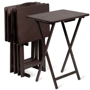 PJ Wood 5-Piece TV Tray Folding Wooden Dinner Table Set with Compact Storage Rack, Espresso - Portable and Adjustable Home Furniture for Living Room, Bedroom, and Kitchen