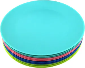 Plastic Plates Reusable 10 inch - Kitchen Flat Dinner Plate - Dishwasher Safe & Microwavable Plates set of 12 - Kids Stacking Colorful for Indoor Outdoor (BPA Free)