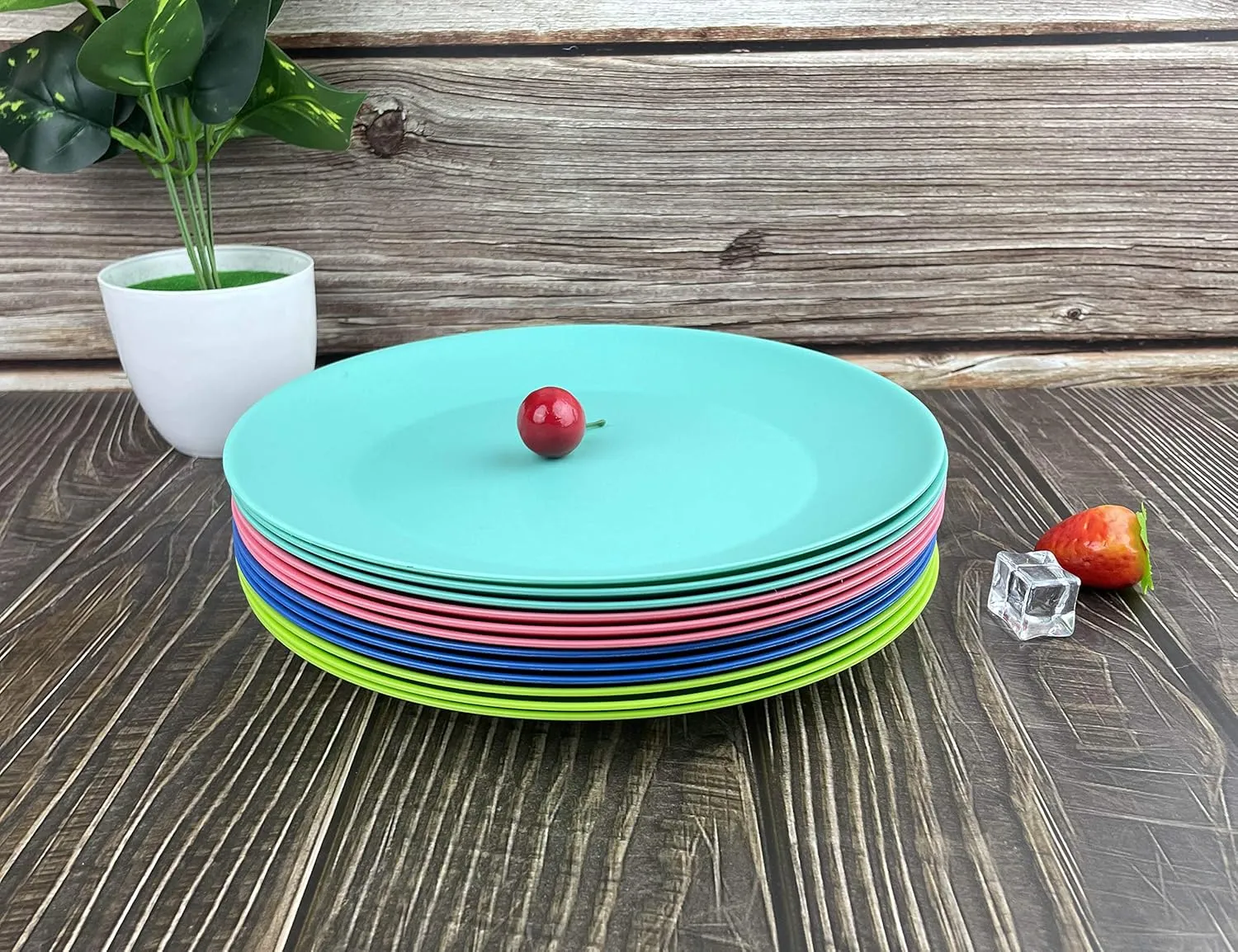 Plastic Plates Reusable 10 inch - Kitchen Flat Dinner Plate - Dishwasher Safe & Microwavable Plates set of 12 - Kids Stacking Colorful for Indoor Outdoor (BPA Free)